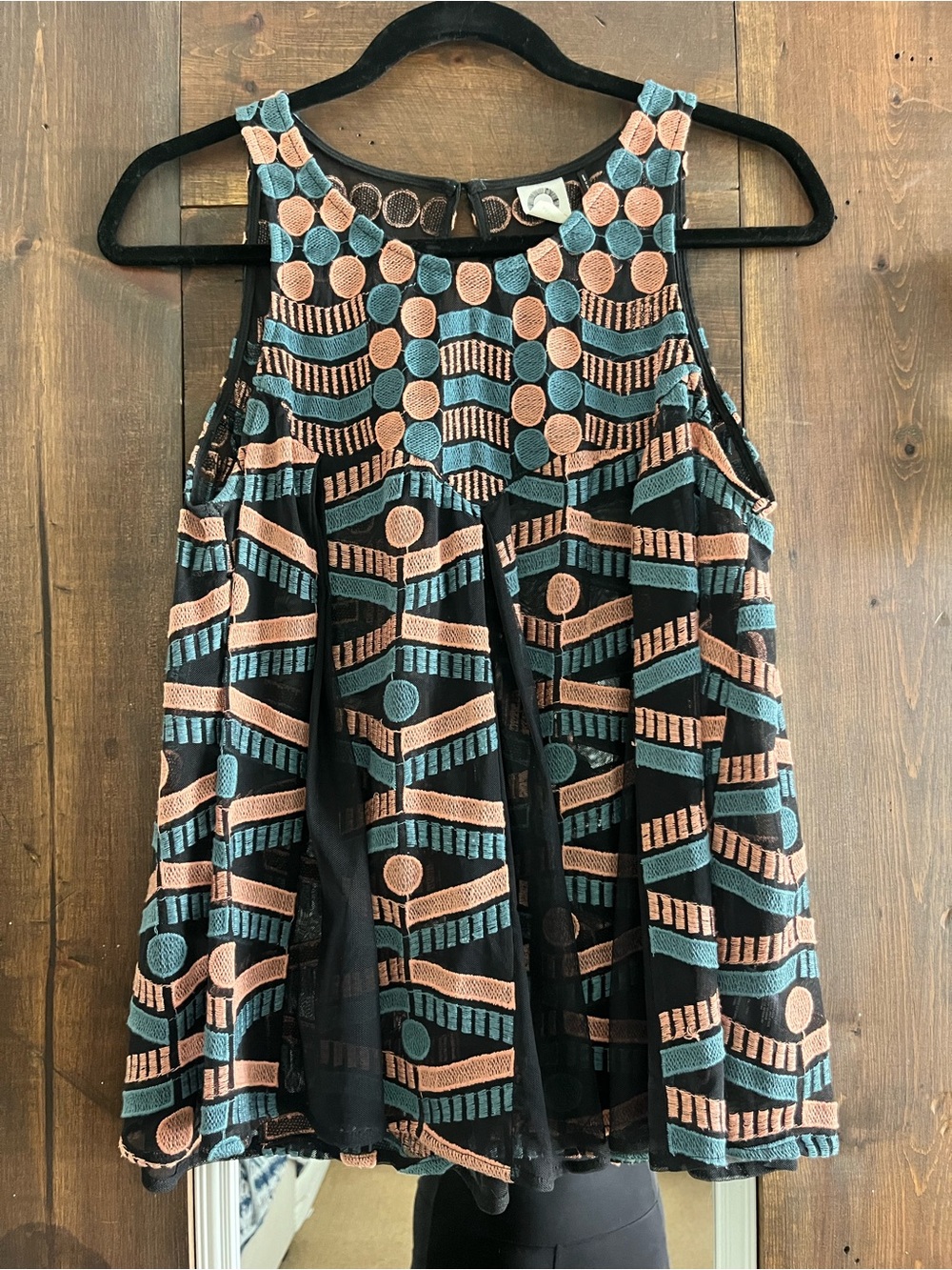 Woven Geometric Overlay Tank Top - Black with Teal & Blush